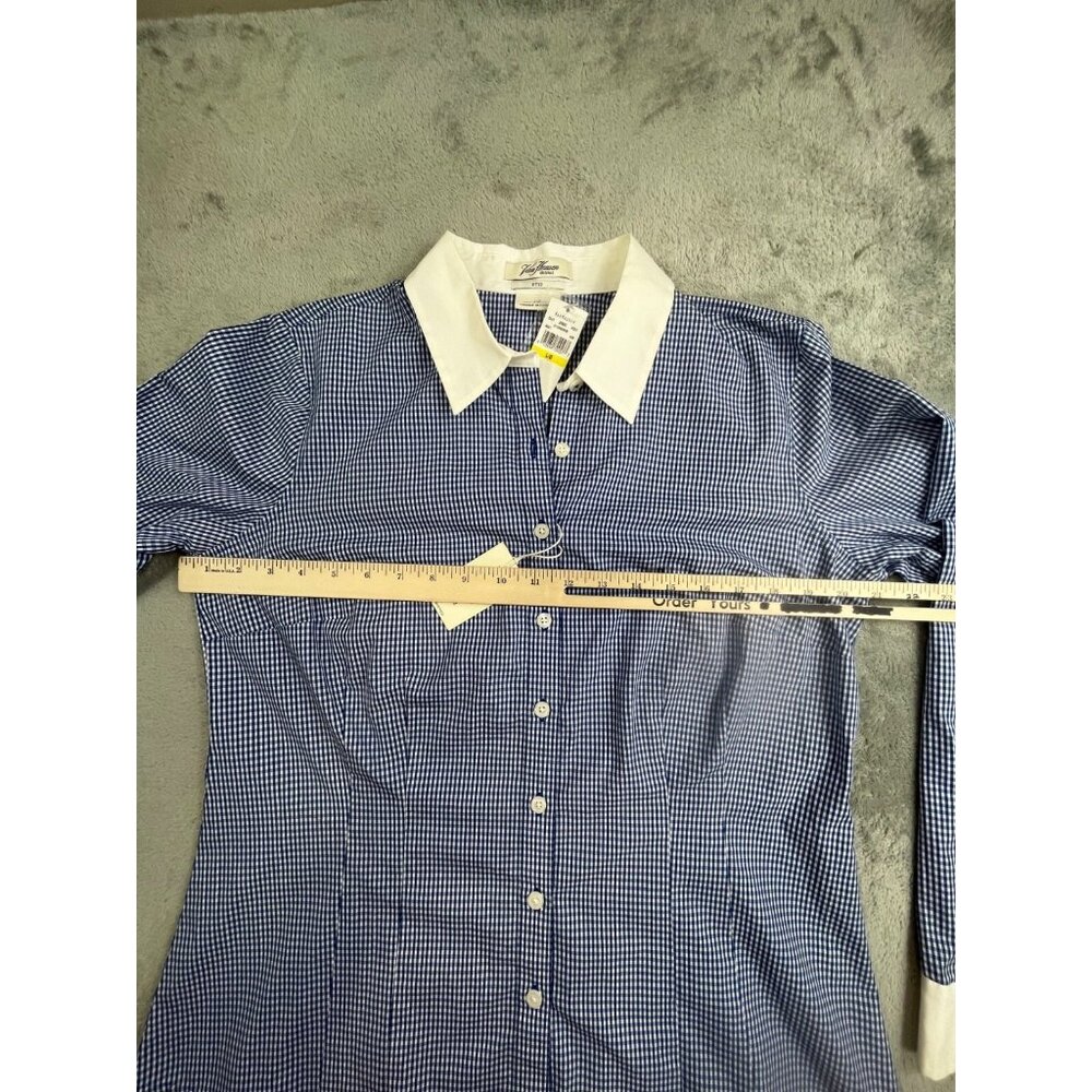 Van Heusen Shirt Men Large Blue Gingham Check Fitted Long Sleeve Button Down Top - Picture 6 of 11